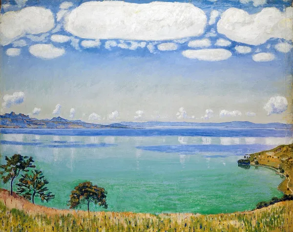 A calm lake under a wide pale sky, painted in bands of blue