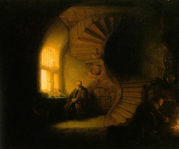 An old man sits in thought beside a window, a spiral stair in shadow behind him
